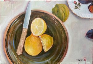 Lemon in green bowl, akryyli kankaalle, 2025, 50 x 70 cm, 600 € Lemon in green bowl, akryyli kankaalle, 2025, 50 x 70 cm, 600 €