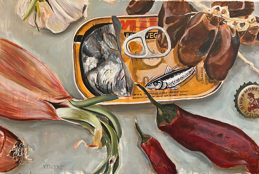 Sardines, akryyli kankaalle, 2025, 60 x 90 cm, 1400 €