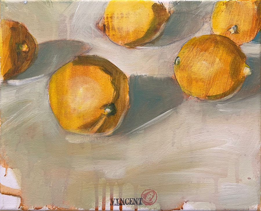 Lemons, akryyli kankaalle, 2025, 24 x 30 cm, 290 € Lemons, akryyli kankaalle, 2025, 24 x 30 cm, 290 €